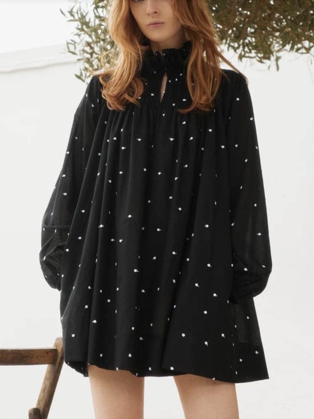 Tuckernuck Pomander Place Dress Taylor Mini Long Sleeve in Black White Swiss Dot